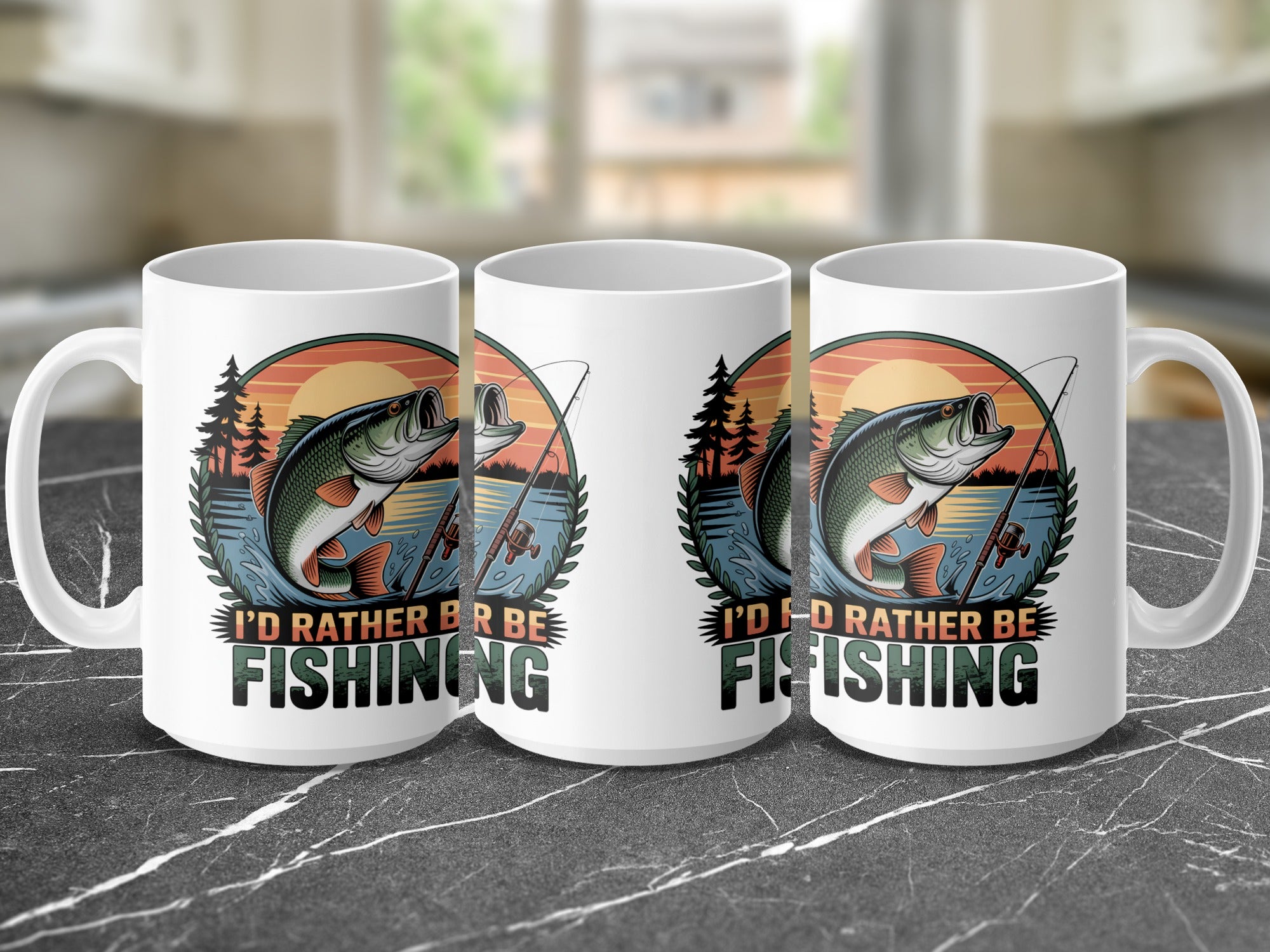 Mug with "I'd rather be fishing" text and bass fish illustration.