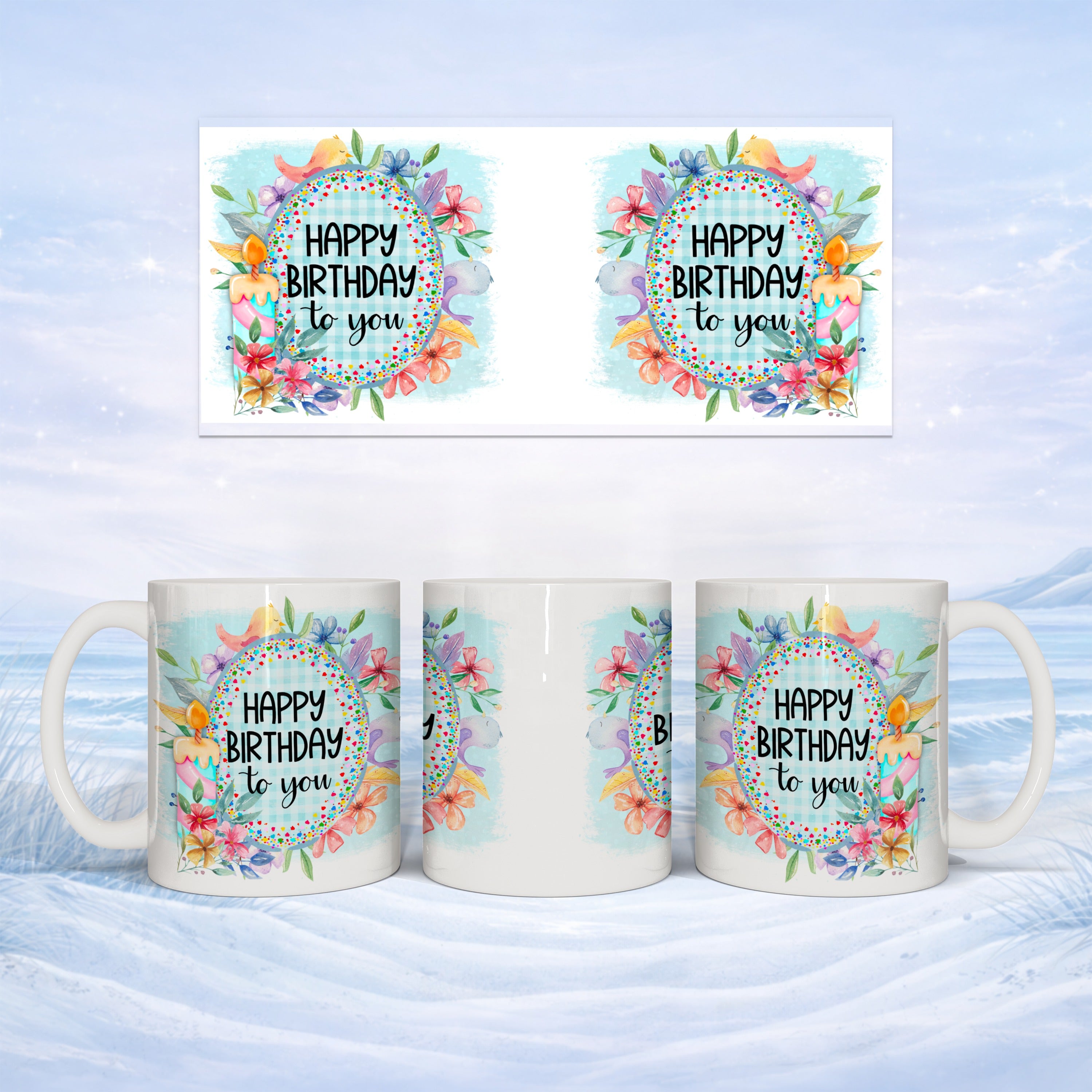 Mug with "Happy Birthday to You" and floral watercolor design.
