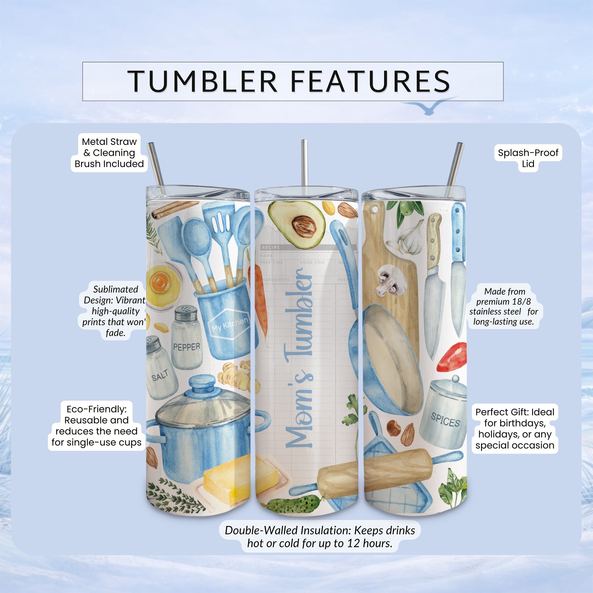 Tumbling tumbler with kitchen utensils, spices, and text "Mom's Tumbler".