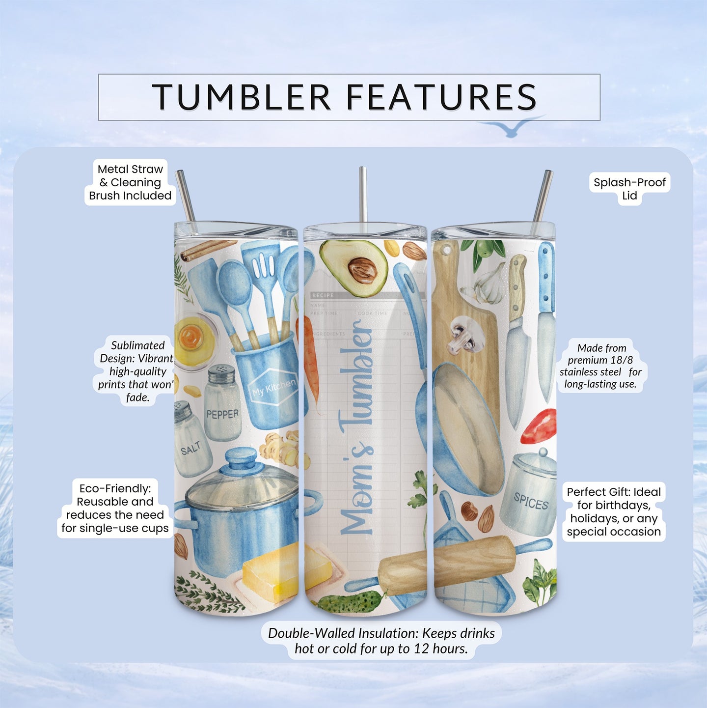 Tumbling tumbler with kitchen utensils, spices, and text "Mom's Tumbler".