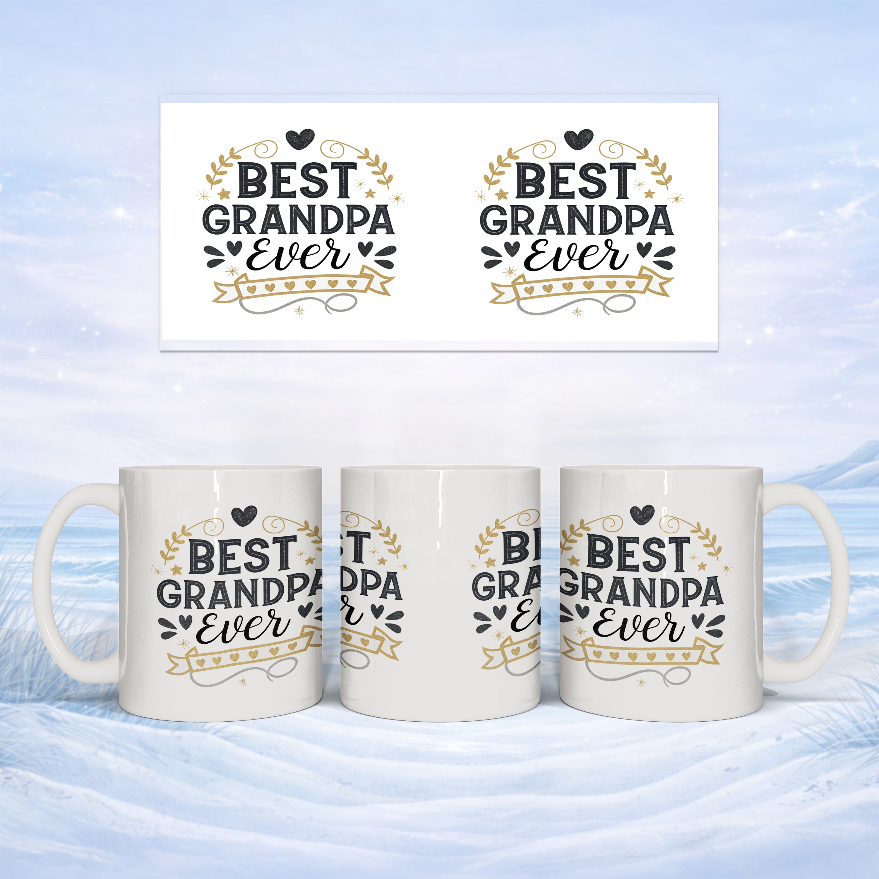 Three white mugs featuring "BEST GRANDPA Ever" text and laurel wreath designs.