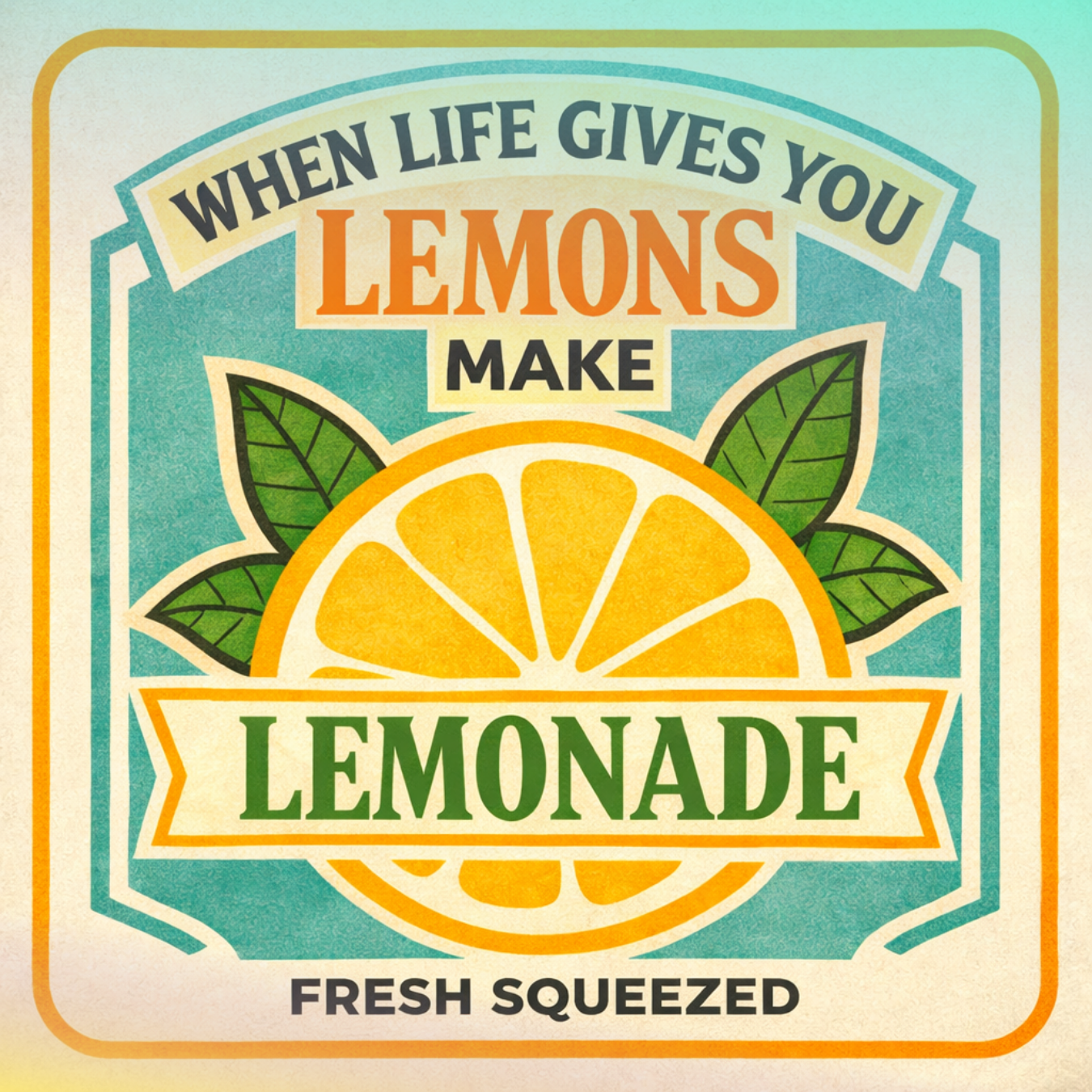 Retro sign with text "When Life Gives You Lemons Make Lemonade" and a lemon slice.