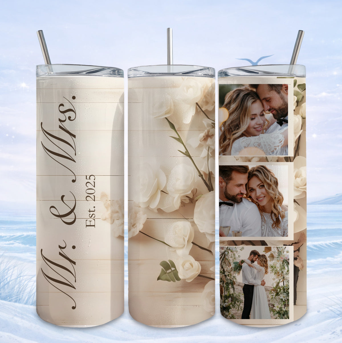 Wedding tumbler with Mr. & Mrs. text and three couple photos.