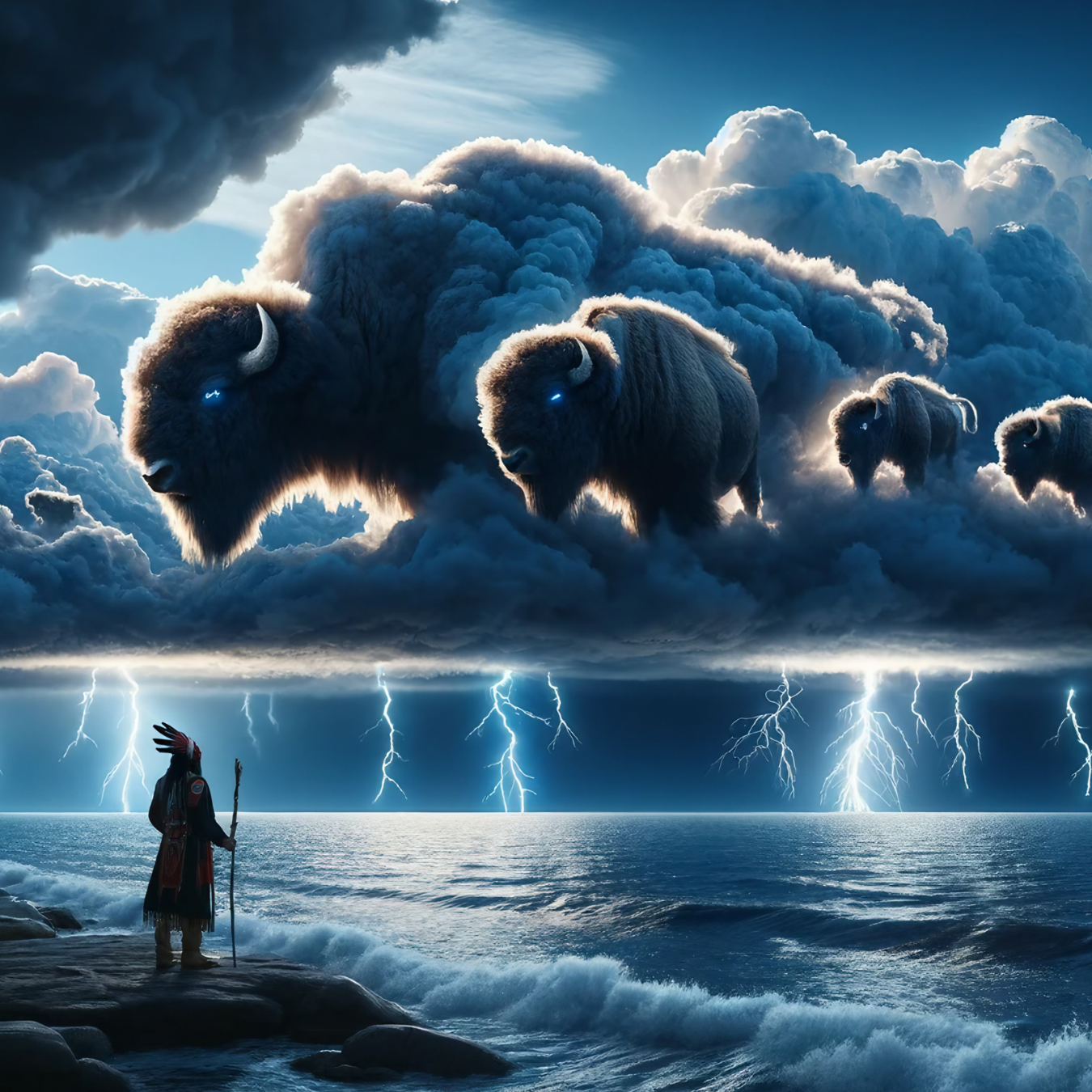 Bison appear in stormy clouds above a lightning-filled sea and a lone figure.