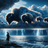 Bison appear in stormy clouds above a lightning-filled sea and a lone figure.