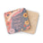 Two square coasters with a floral design and "Happy Mind Happy Life" text.
