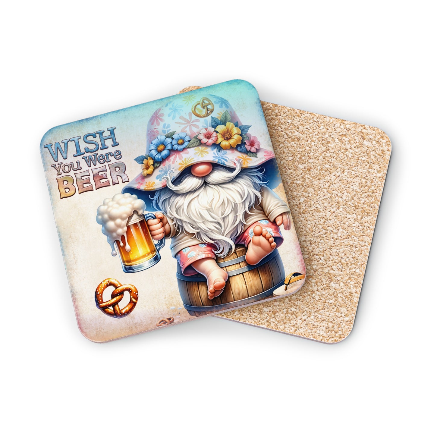 Gnome with beer and pretzel on a barrel, "Wish You Were Beer" text.