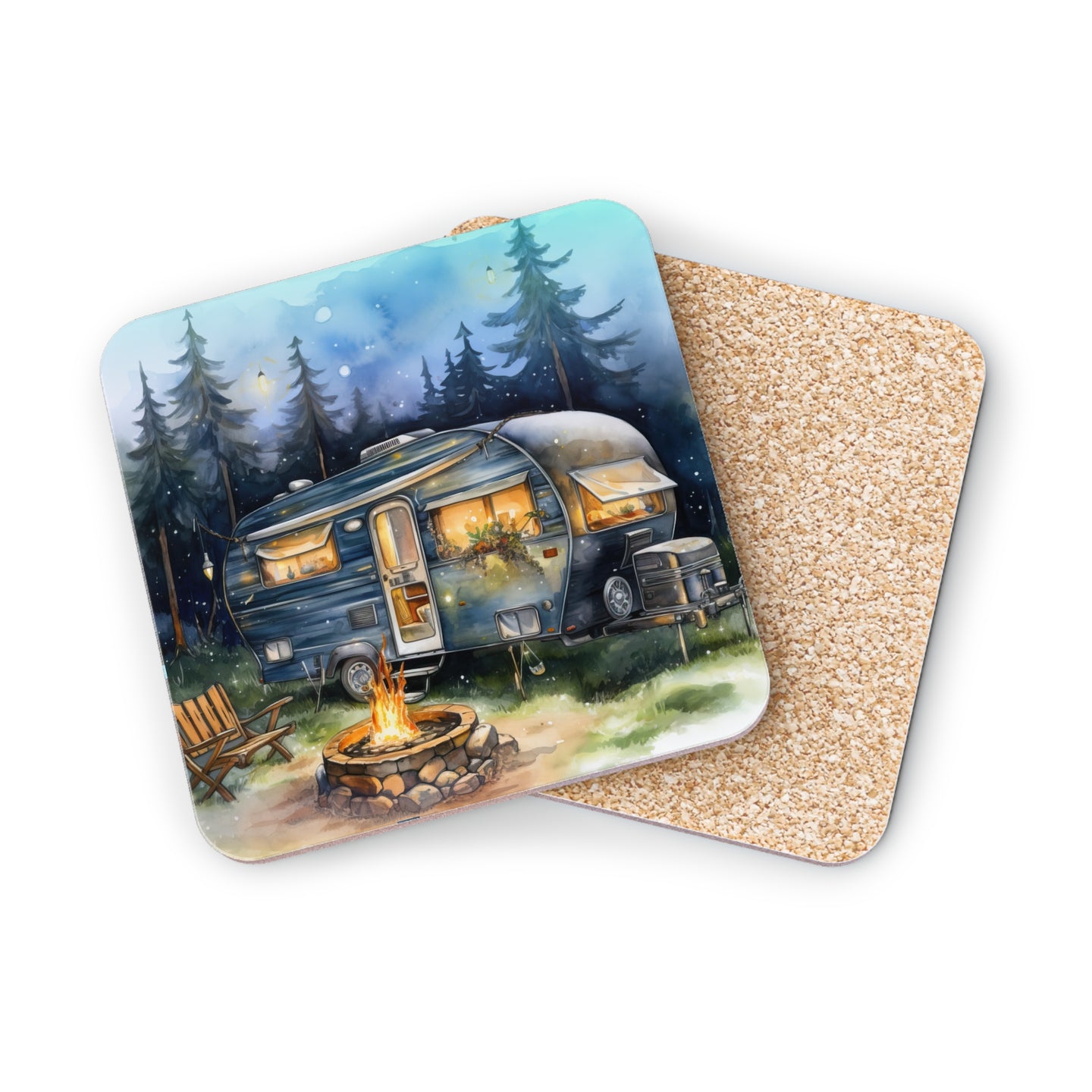 Coasters with watercolor illustration of a vintage camper, campfire, and forest scene.