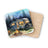 Coasters with watercolor illustration of a vintage camper, campfire, and forest scene.