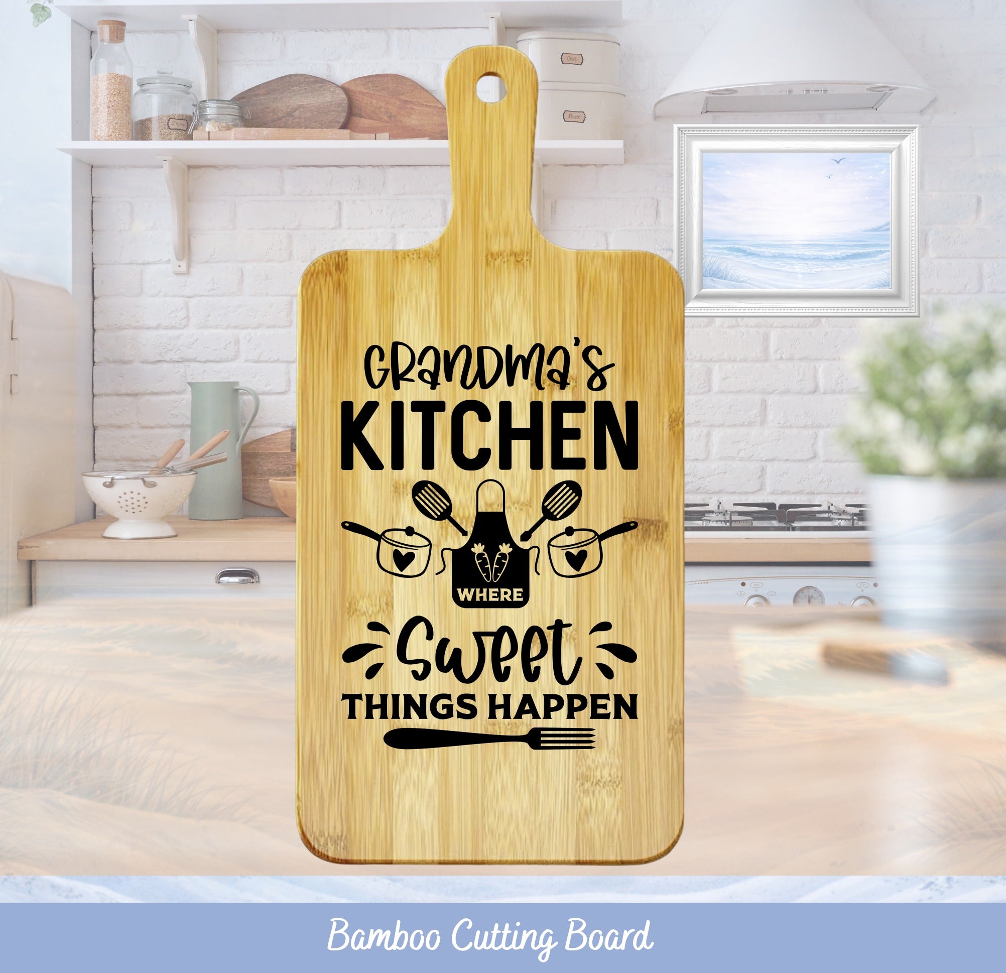 Bamboo cutting board with "Grandma's Kitchen Where Things Happen" text and kitchen icons.