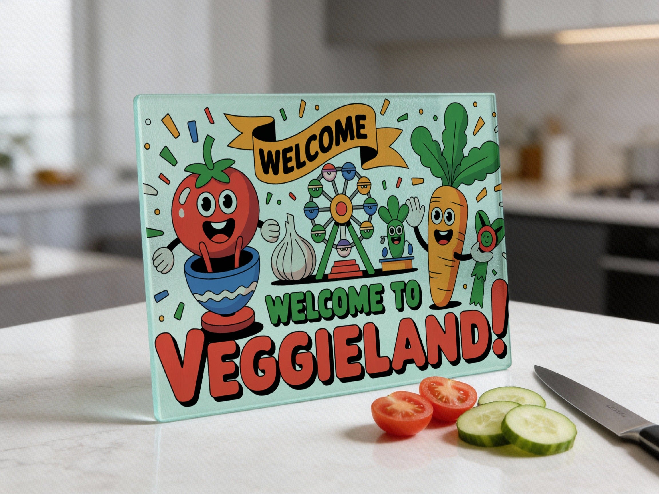 Welcome to Veggieland sign with cartoon vegetables and kitchen background.