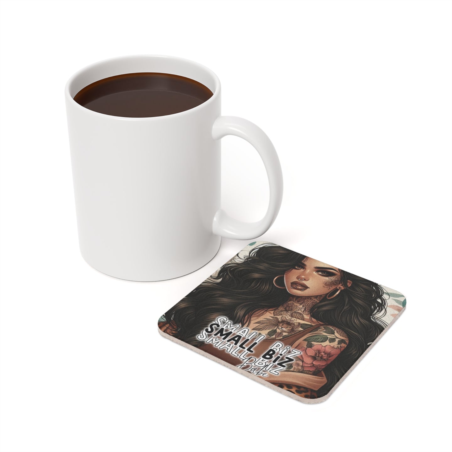 White mug and coaster with tattoo art and "SMALL BIZ" text.