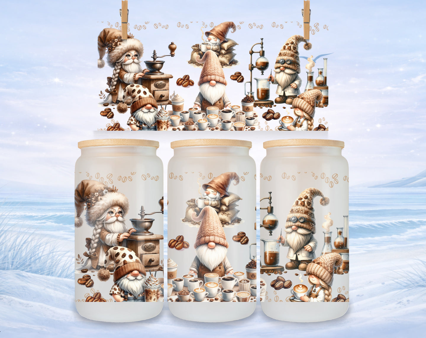 Gnomes in winter hats with coffee and brewing equipment.