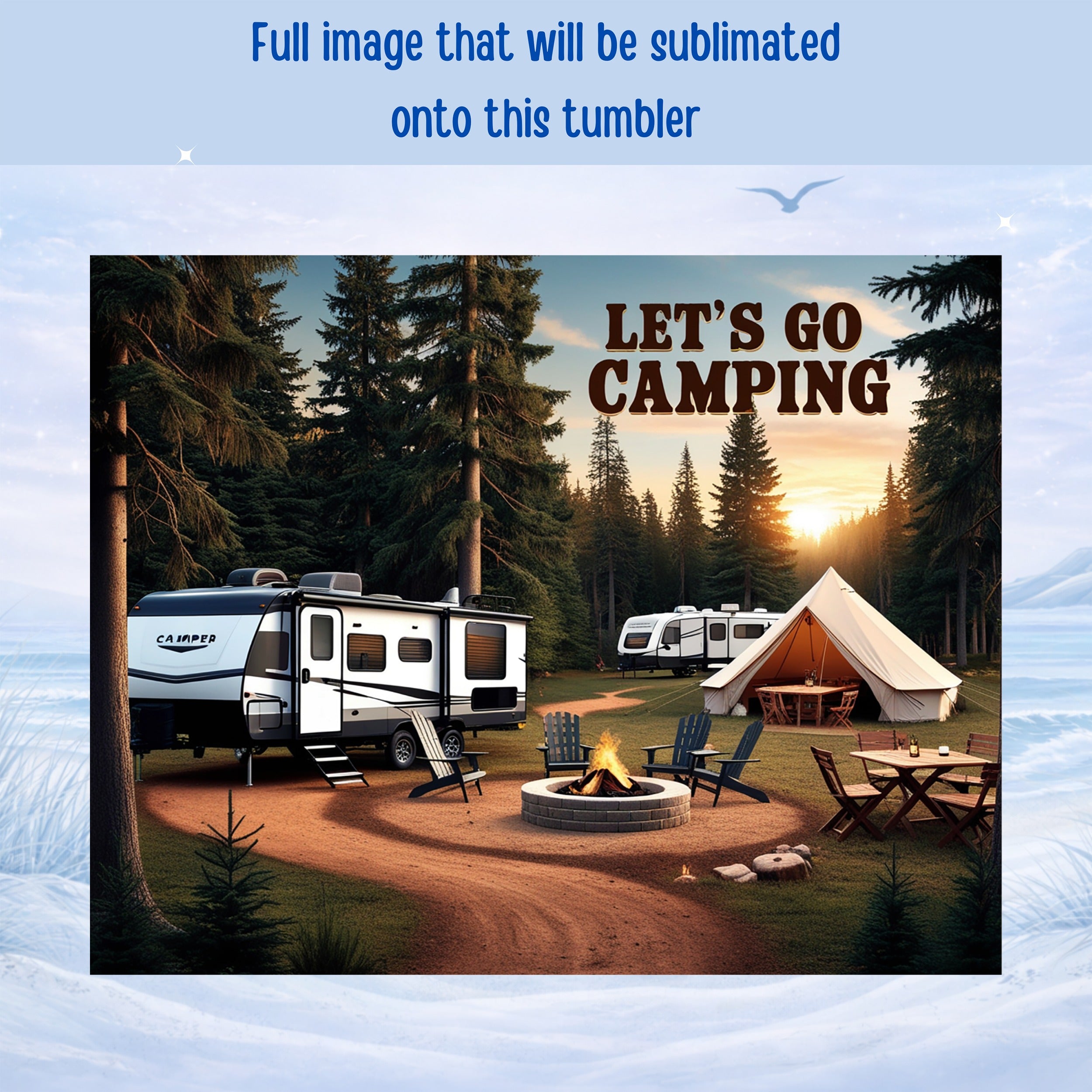 Camper, tent, chairs, and table set up for camping with text "Let's Go Camping".