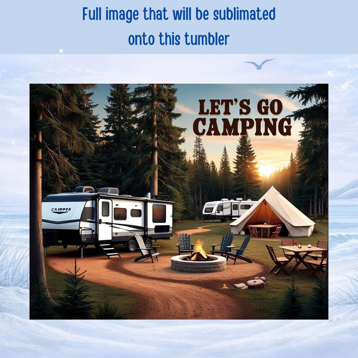 Camper, tent, chairs, and table set up for camping with text "Let's Go Camping".