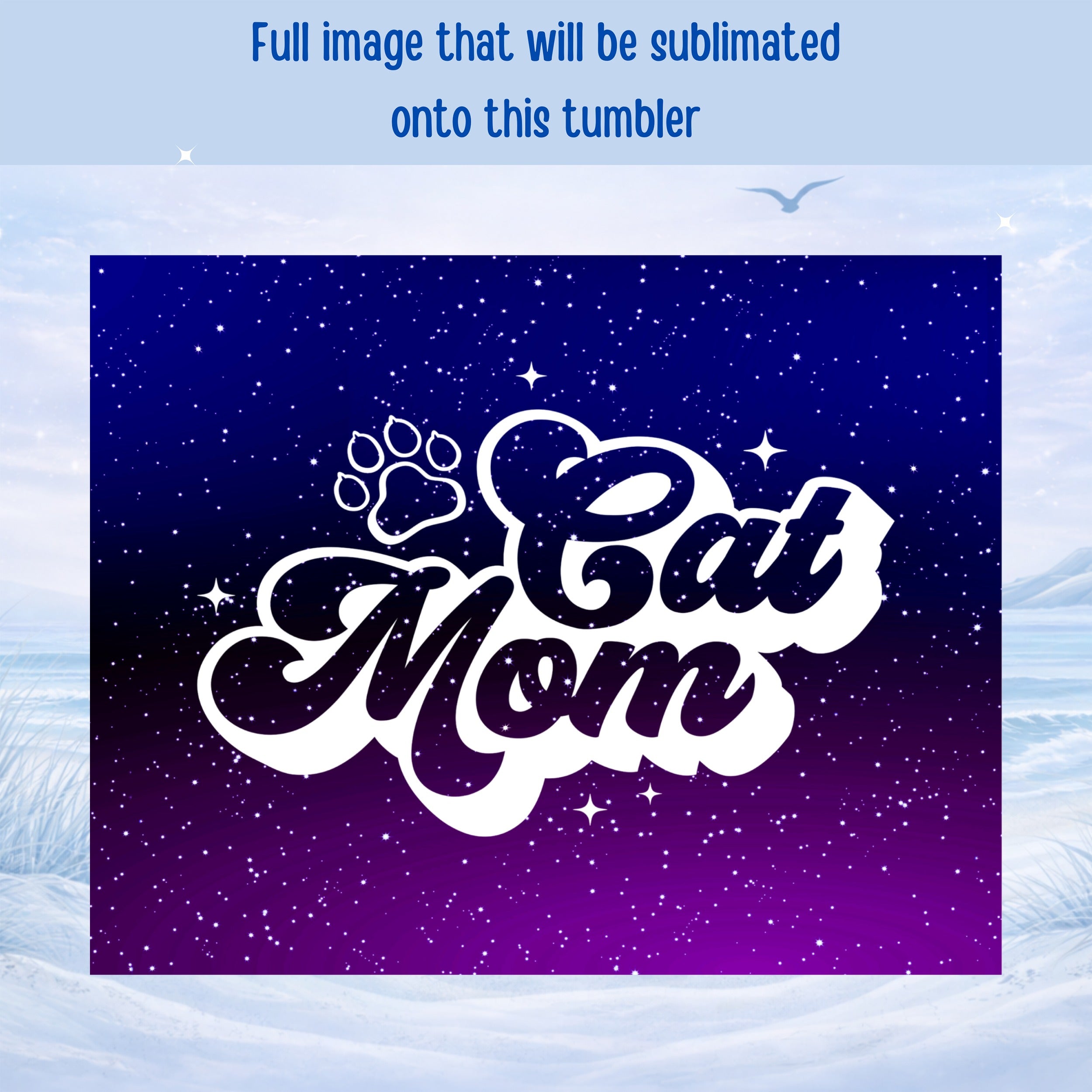 Cat Mom design with paw print on starry blue and purple gradient background.