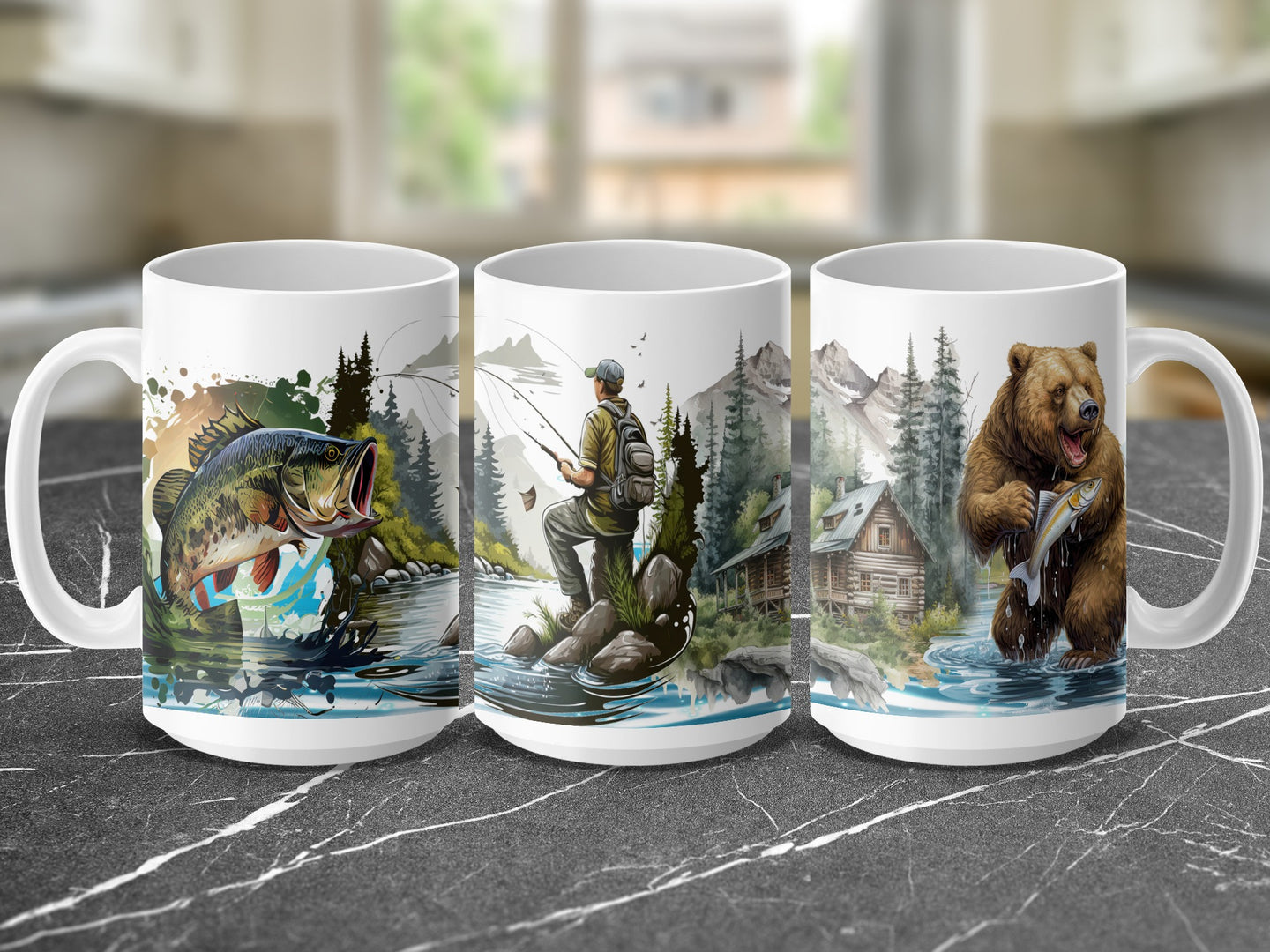 Three mugs featuring fishing scenes with fish, a bear, and a cabin.