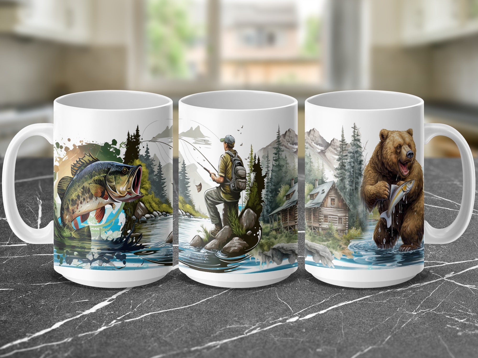 Three mugs featuring fishing scenes with fish, a bear, and a cabin.