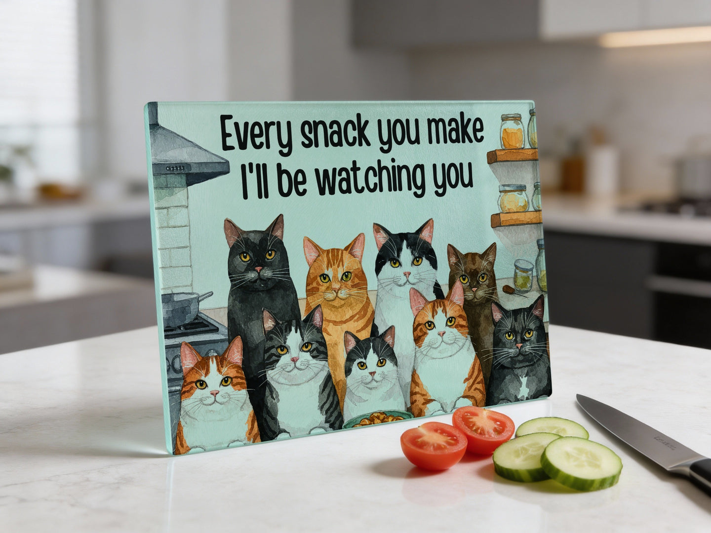 Cats watching you eat snacks, text "Every snack you make I'll be watching you".