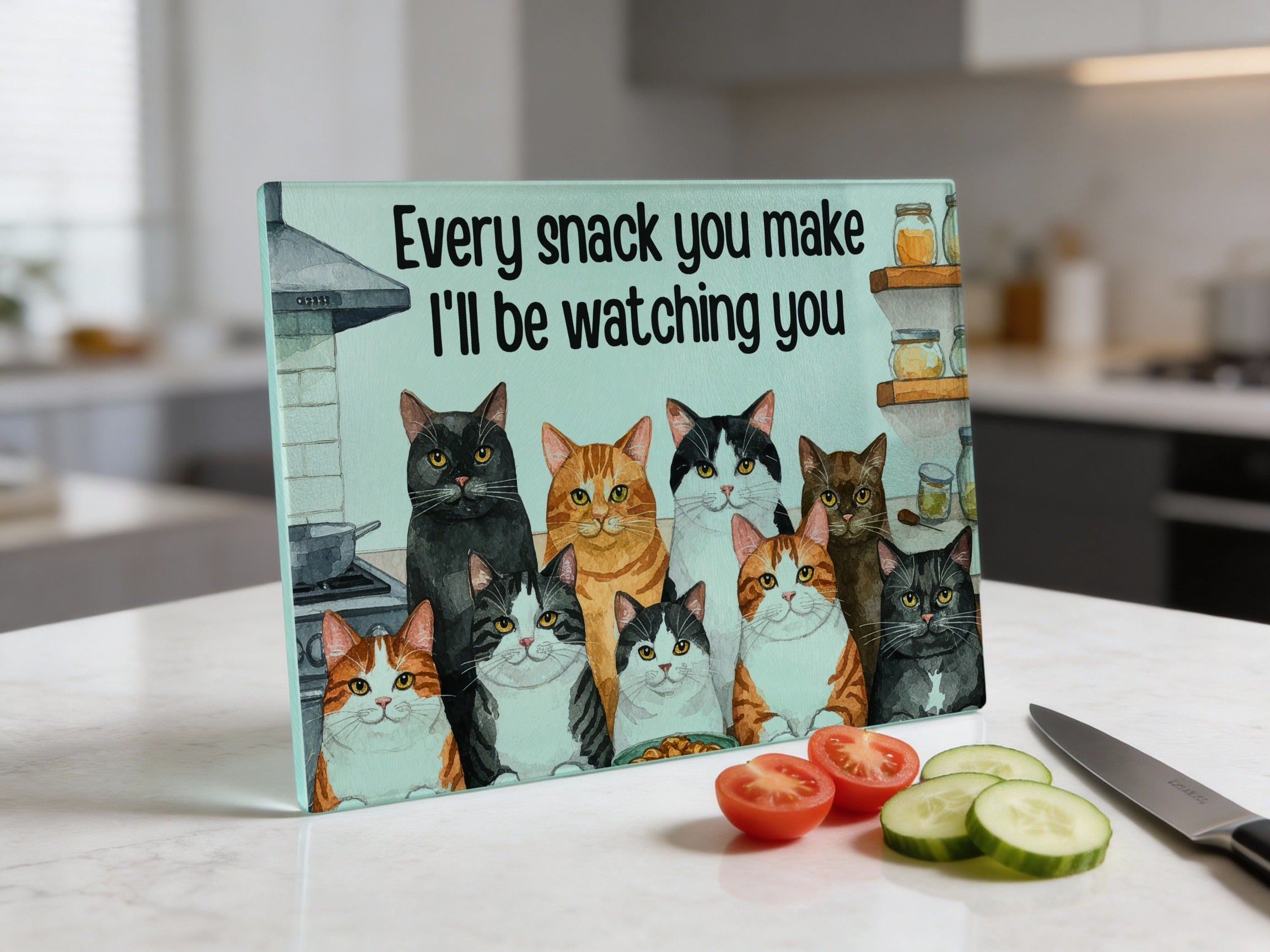 Cats watching you eat snacks, text "Every snack you make I'll be watching you".