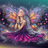 Fairy with colorful wings praying, wearing a purple dress and floral crown.