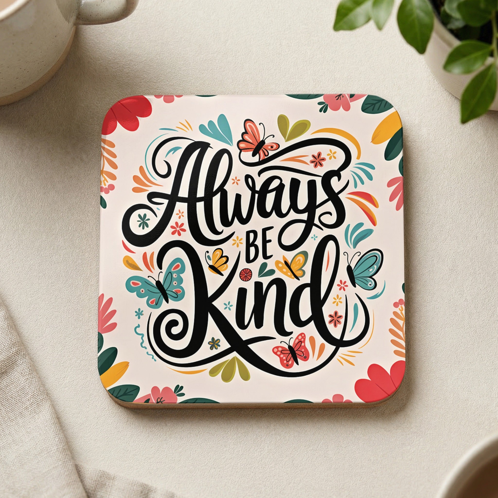 Square coaster with colorful floral and butterfly design and "Always Be Kind" text.
