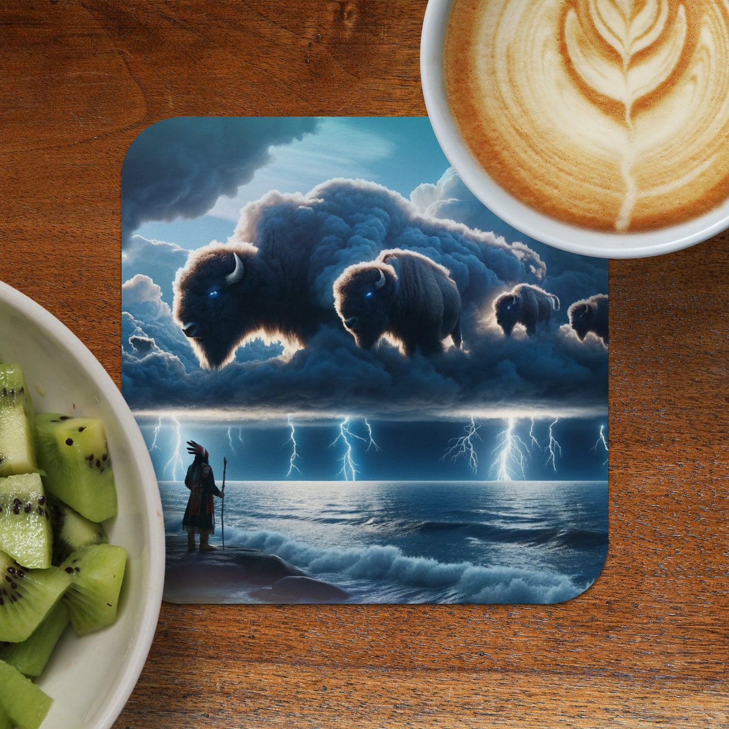 Stormy seas with buffalo herd and Native American figure, coffee and kiwi.