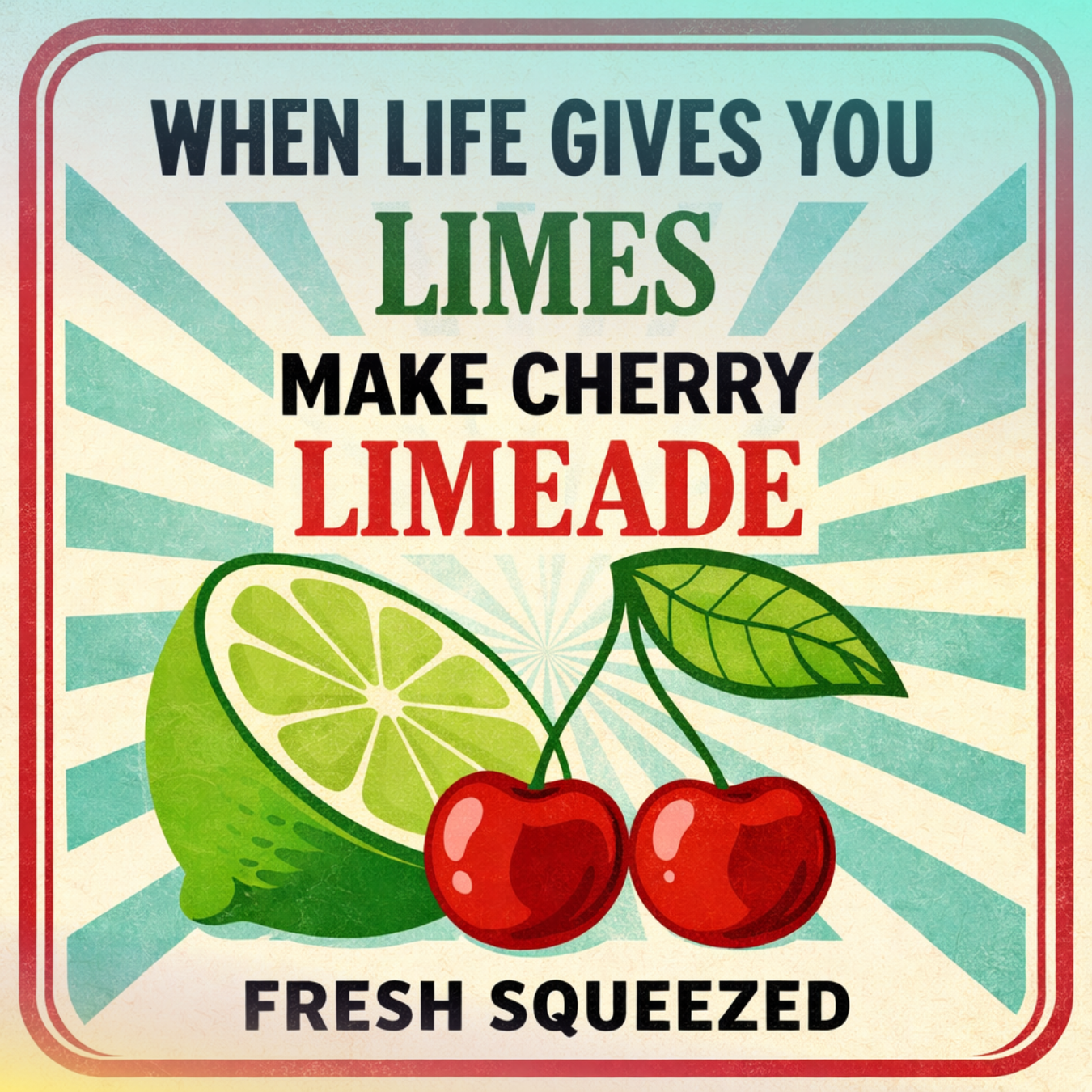 Sign with text "When life gives you limes make cherry limeade" and lime and cherries.