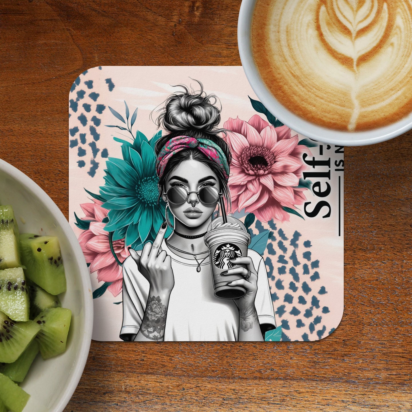 Woman with sunglasses and bandana holding coffee cup, flowers, and "Self is..." text.