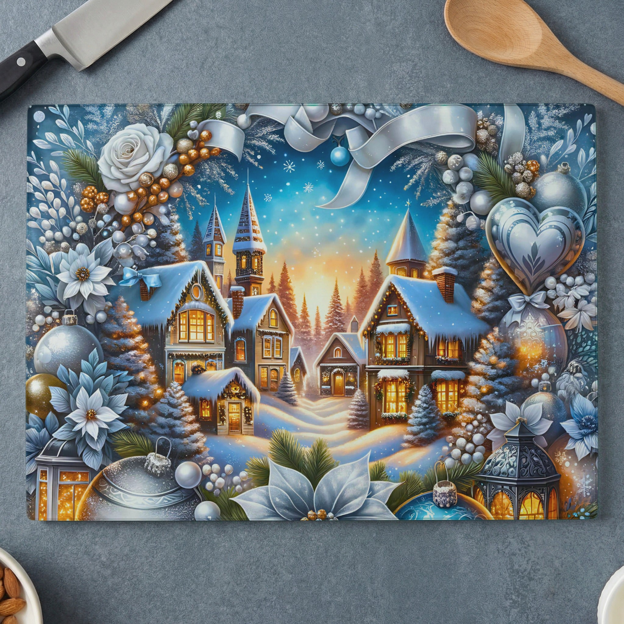 Snowy village scene with Christmas decorations, ornaments, and frosted trees.