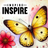 Yellow butterfly with black spots on pink flower background, text reads "INSPIRE".