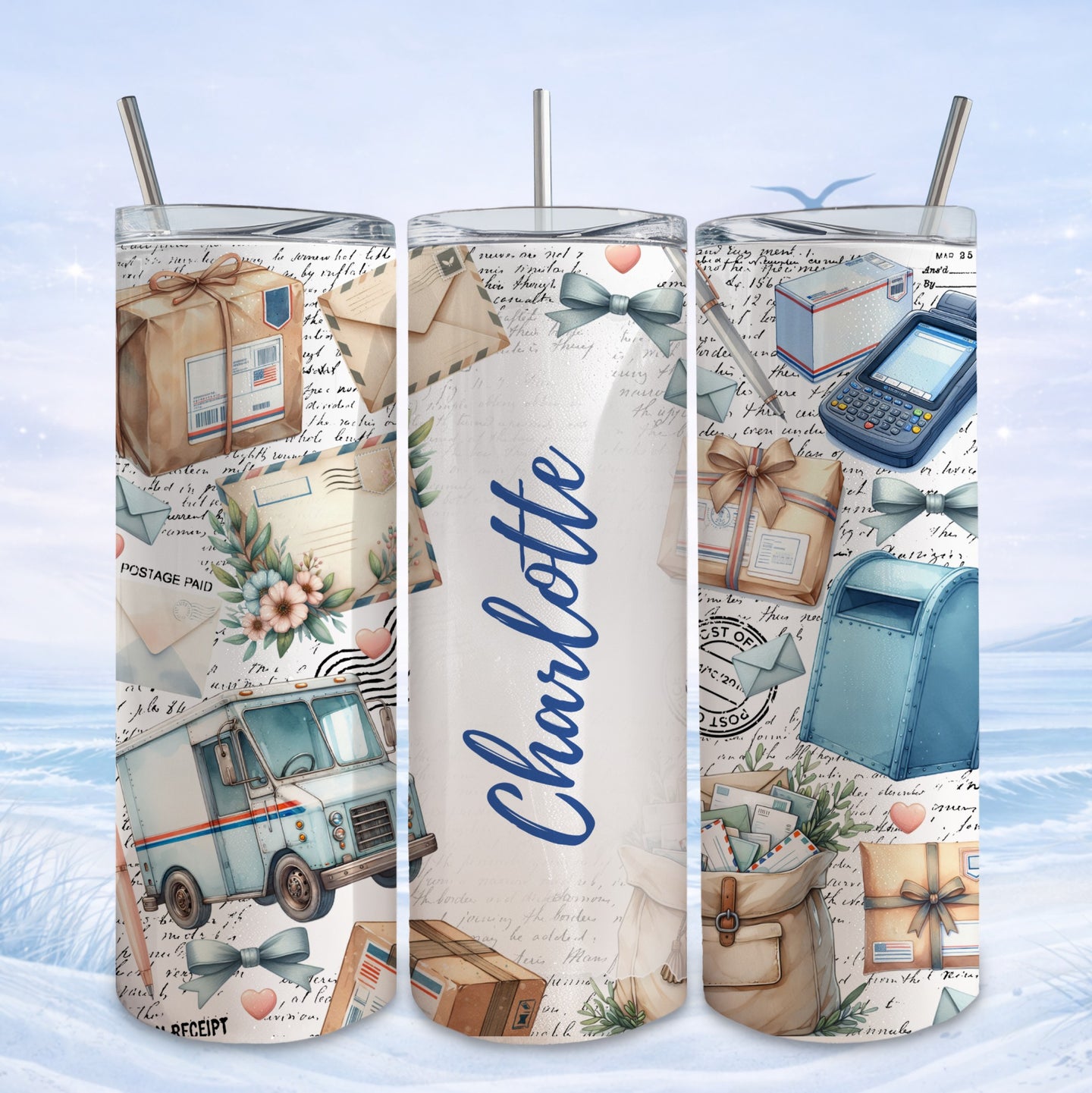 Tumbler with vintage postage, mail truck, and "Charlotte" text.