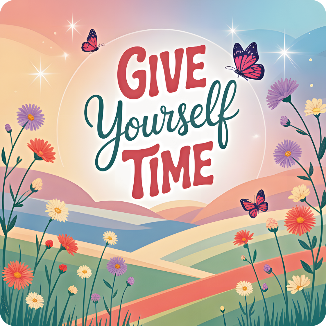Give Yourself Time text with butterflies and colorful rolling hills.