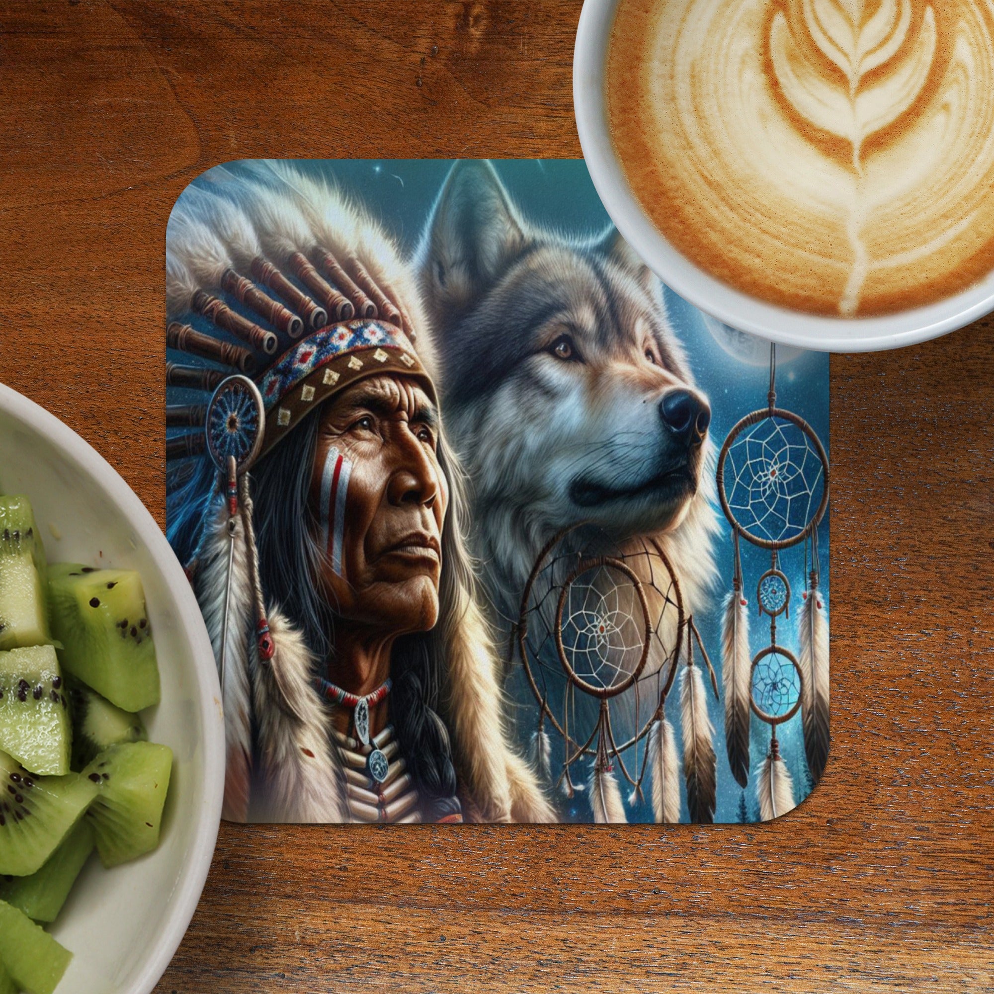 Native American man and wolf artwork on placemat with coffee and kiwi.