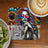 Woman with colorful hair and sunglasses on a coaster with floral background and text.