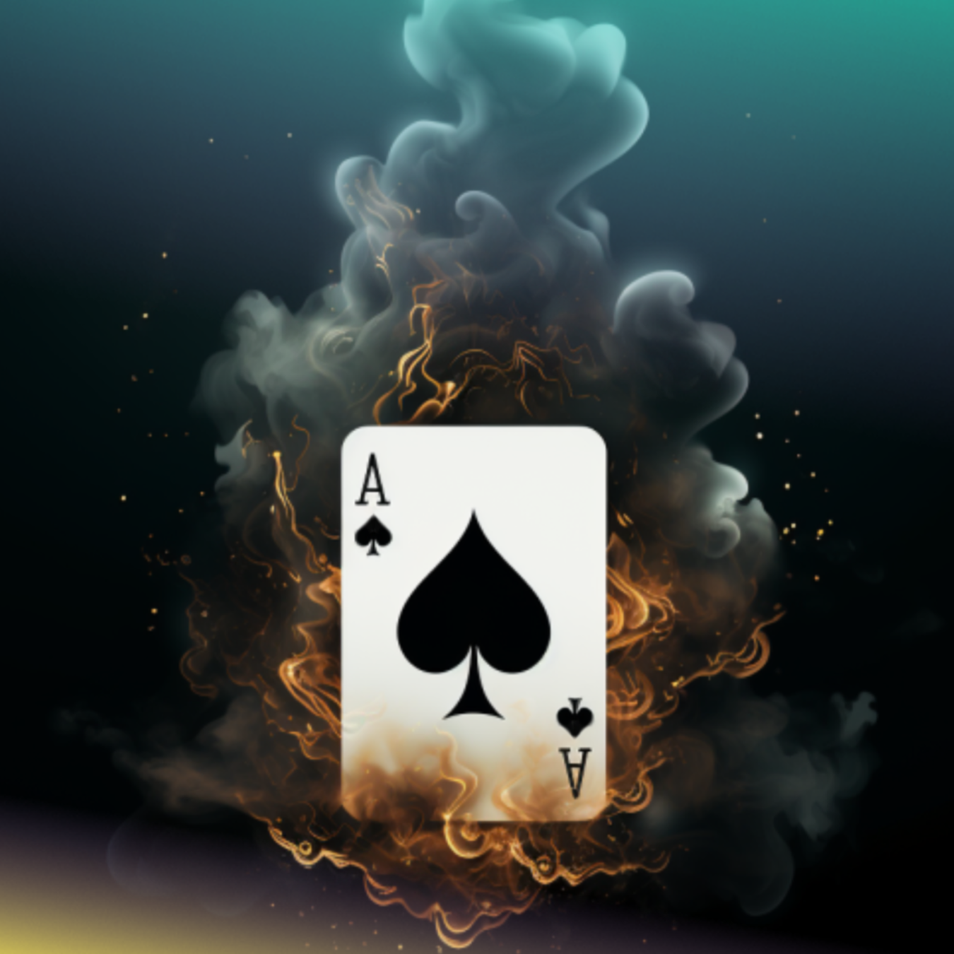 Ace of Spades playing card surrounded by fire and smoke effects.