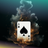 Ace of Spades playing card surrounded by fire and smoke effects.
