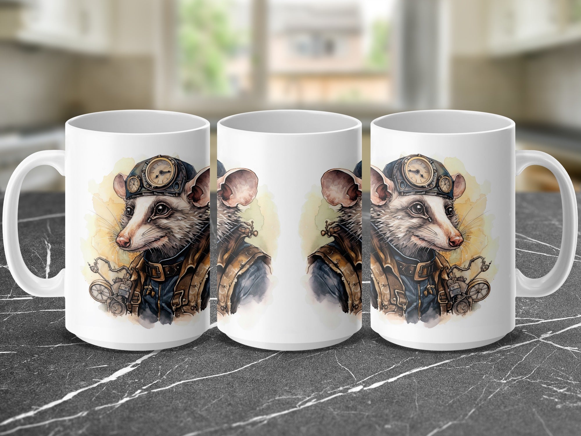 Steampunk mouse wearing goggles and jacket on a mug.
