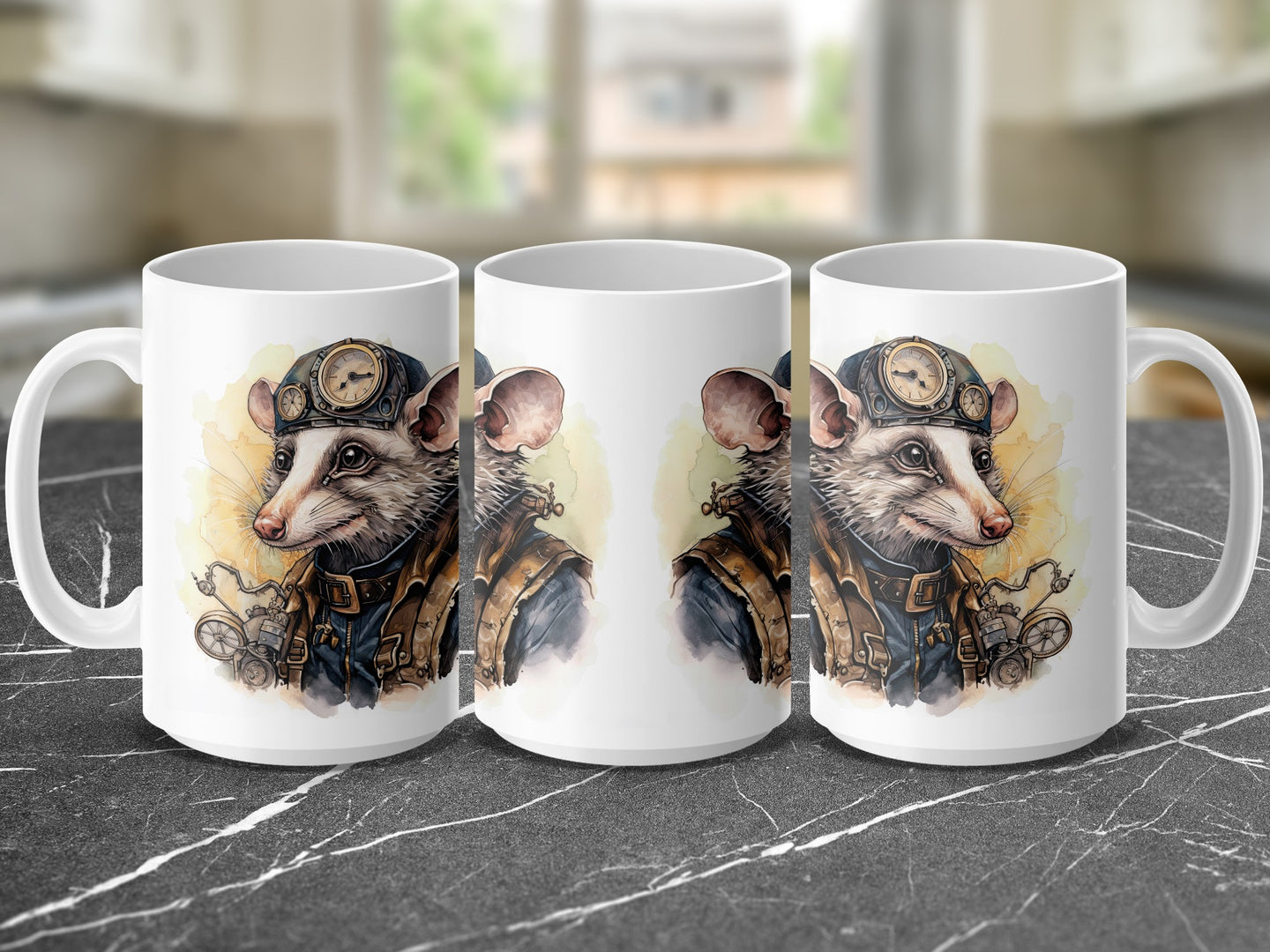 Steampunk mouse wearing goggles and jacket on a mug.