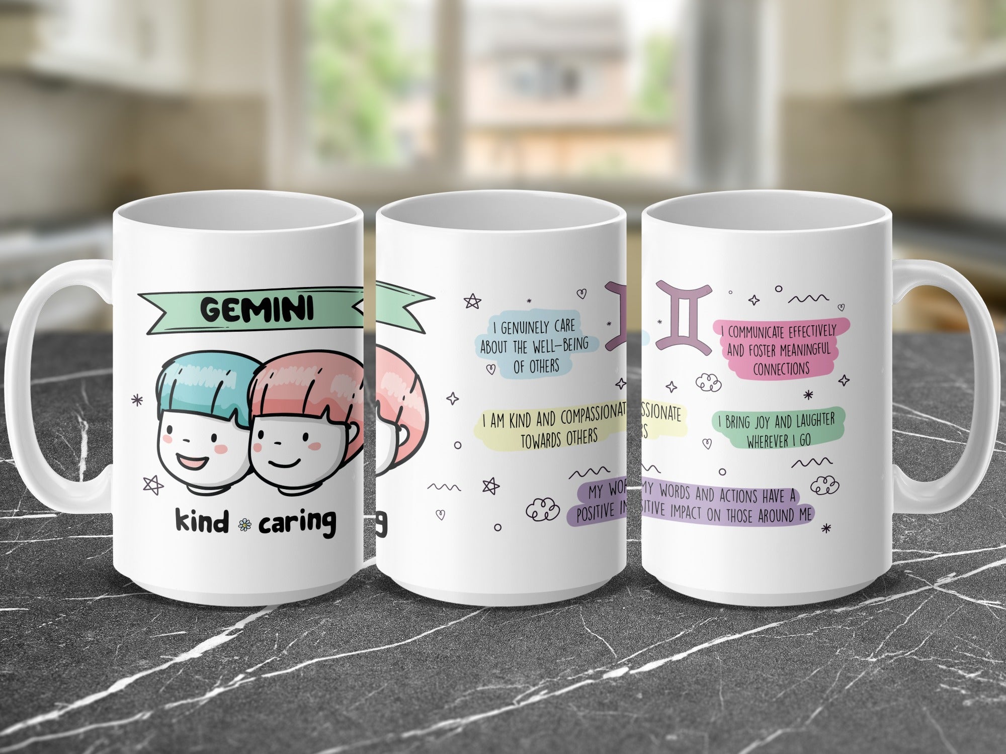 Gemini constellation mug with kind and caring graphics and positive affirmations.