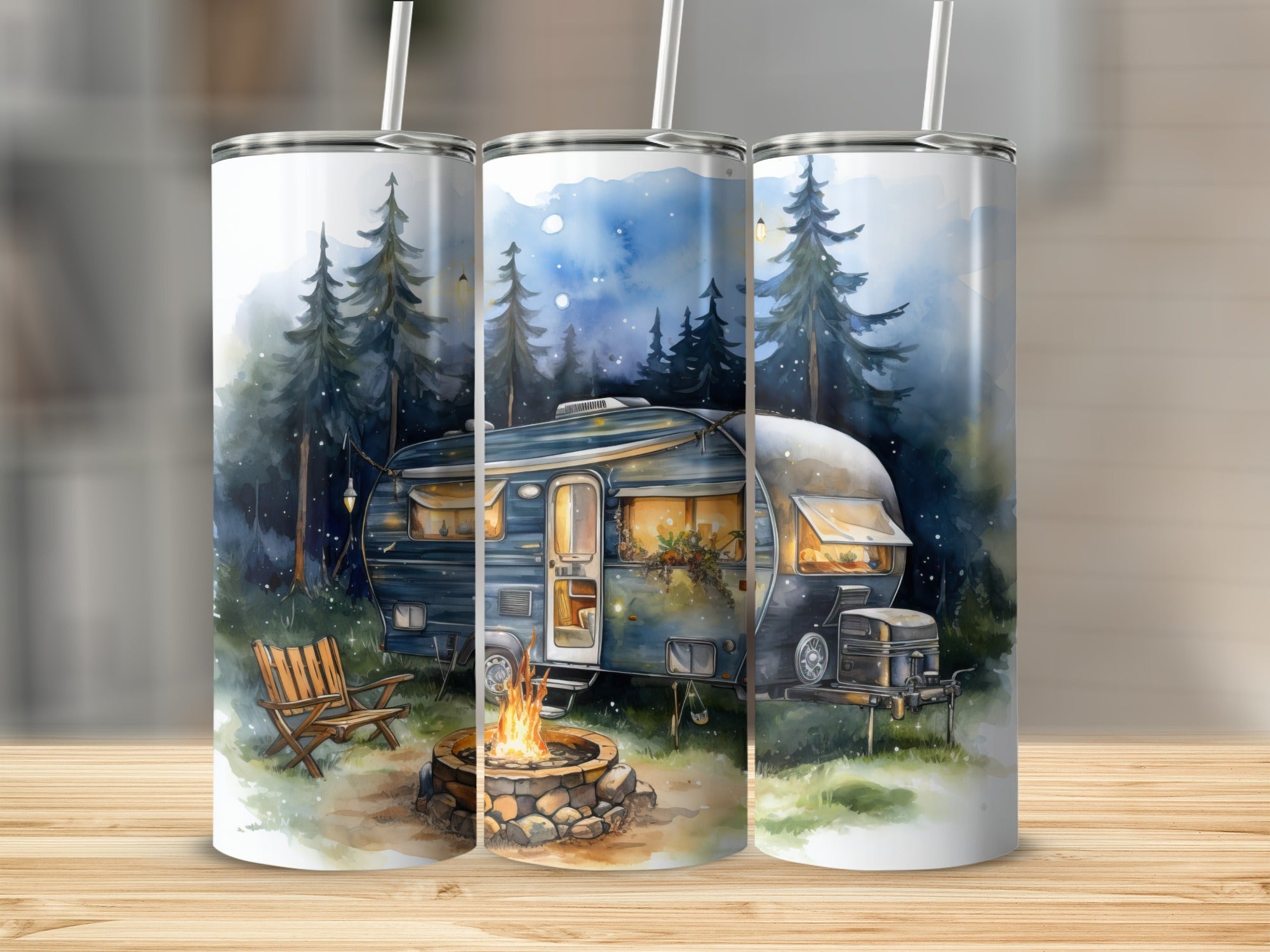 Watercolor camping scene with trailer, campfire, and chairs on wooded background.