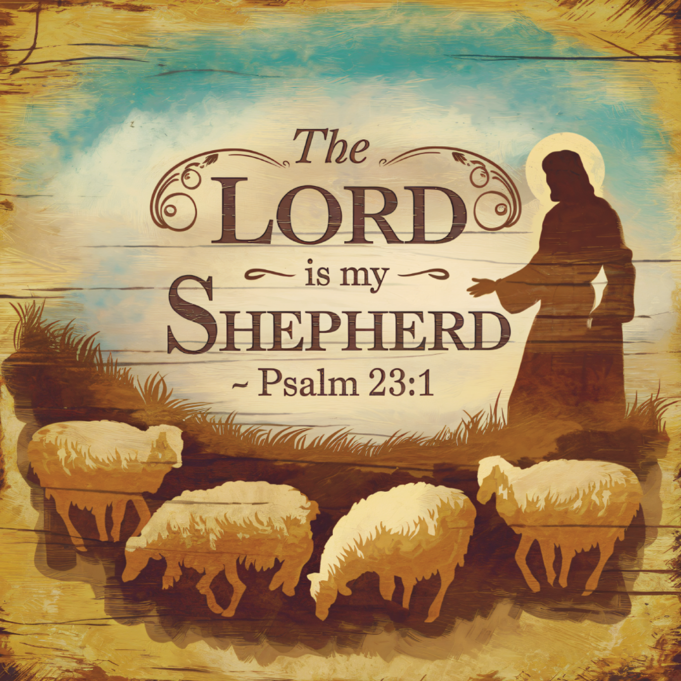 The Lord is my Shepherd Psalm 23:1 with sheep and shepherd silhouette.