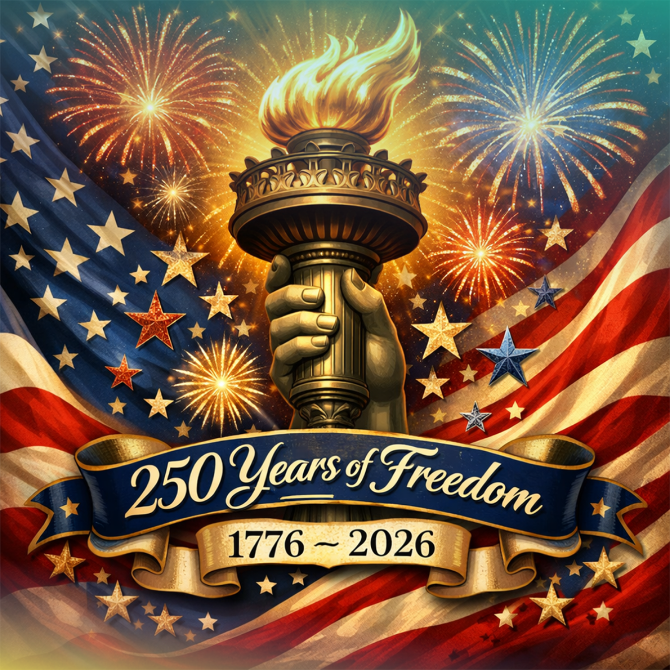 Statue of Liberty torch held high against American flag and fireworks, "250 Years of Freedom 1776 - 2026" banner.