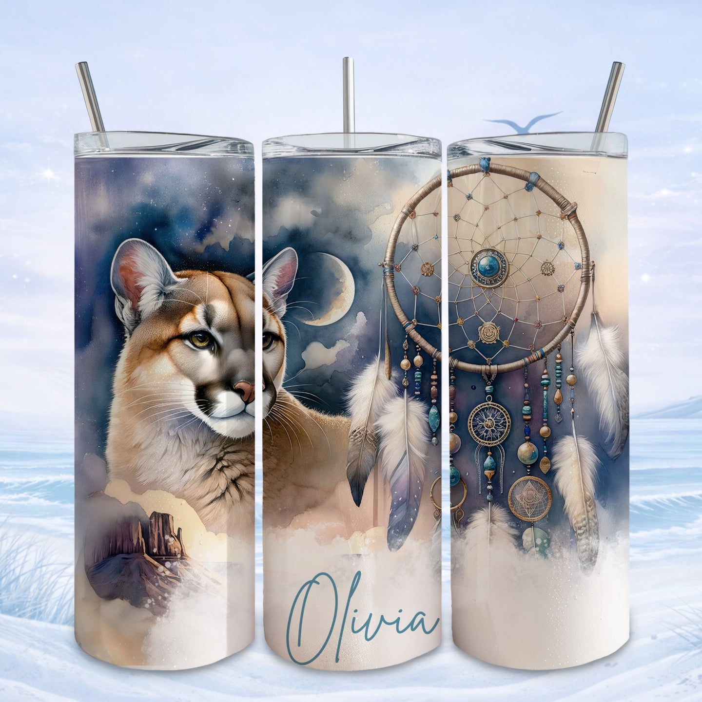 Puma, dreamcatcher, and personalized "Olivia" text on tumblers.