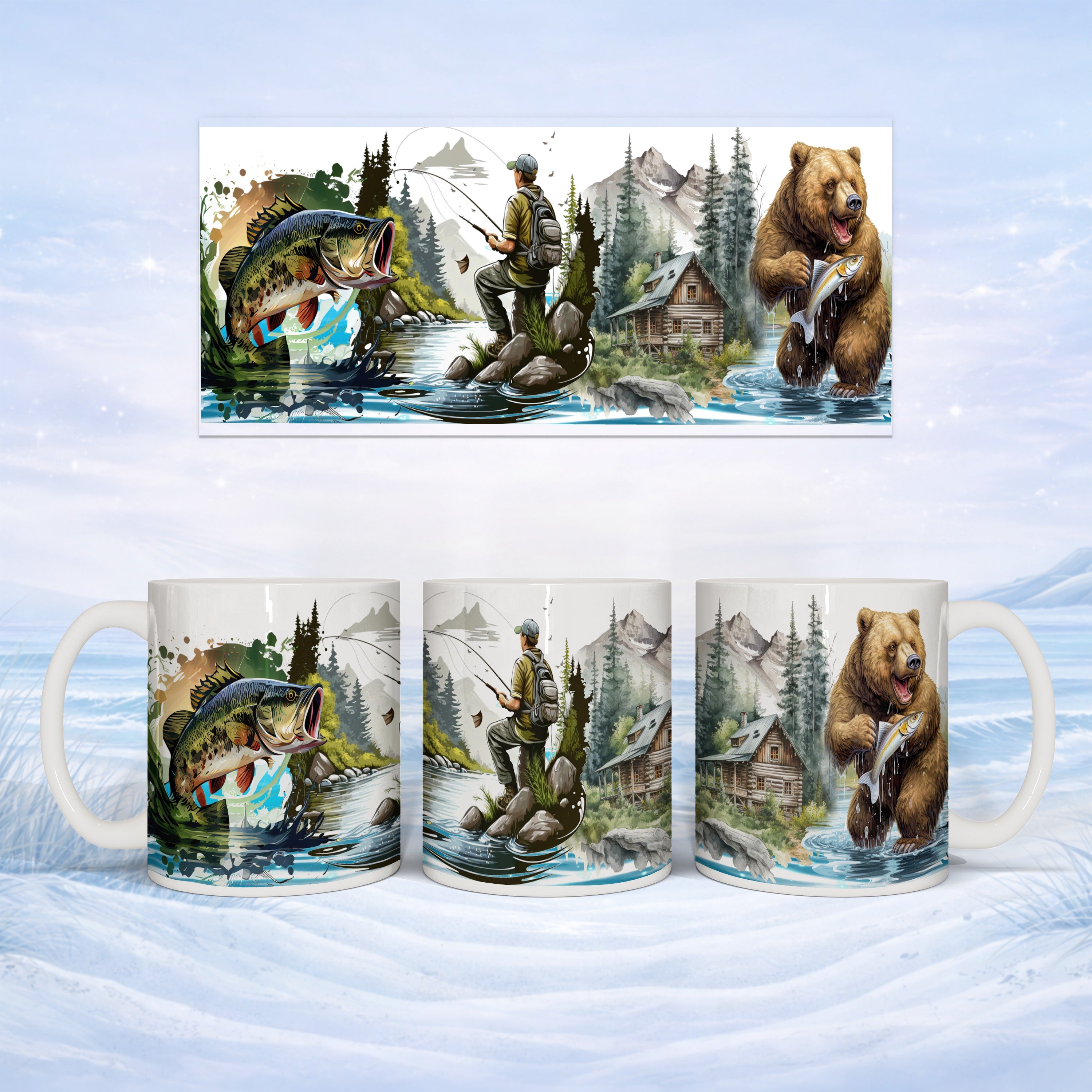 Mug with fishing and bear scenes: bass, man fishing, cabin, brown bear holding fish.