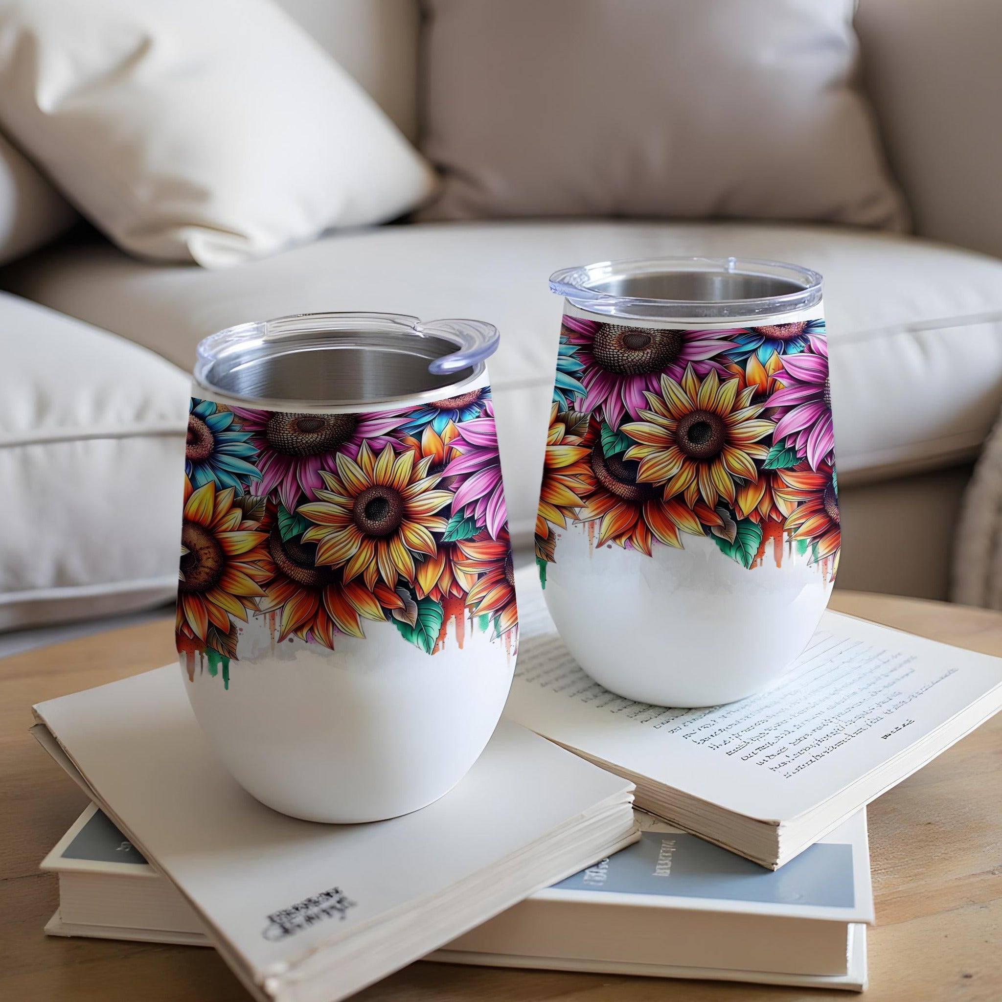 Two white tumblers with colorful sunflower designs sit on books.