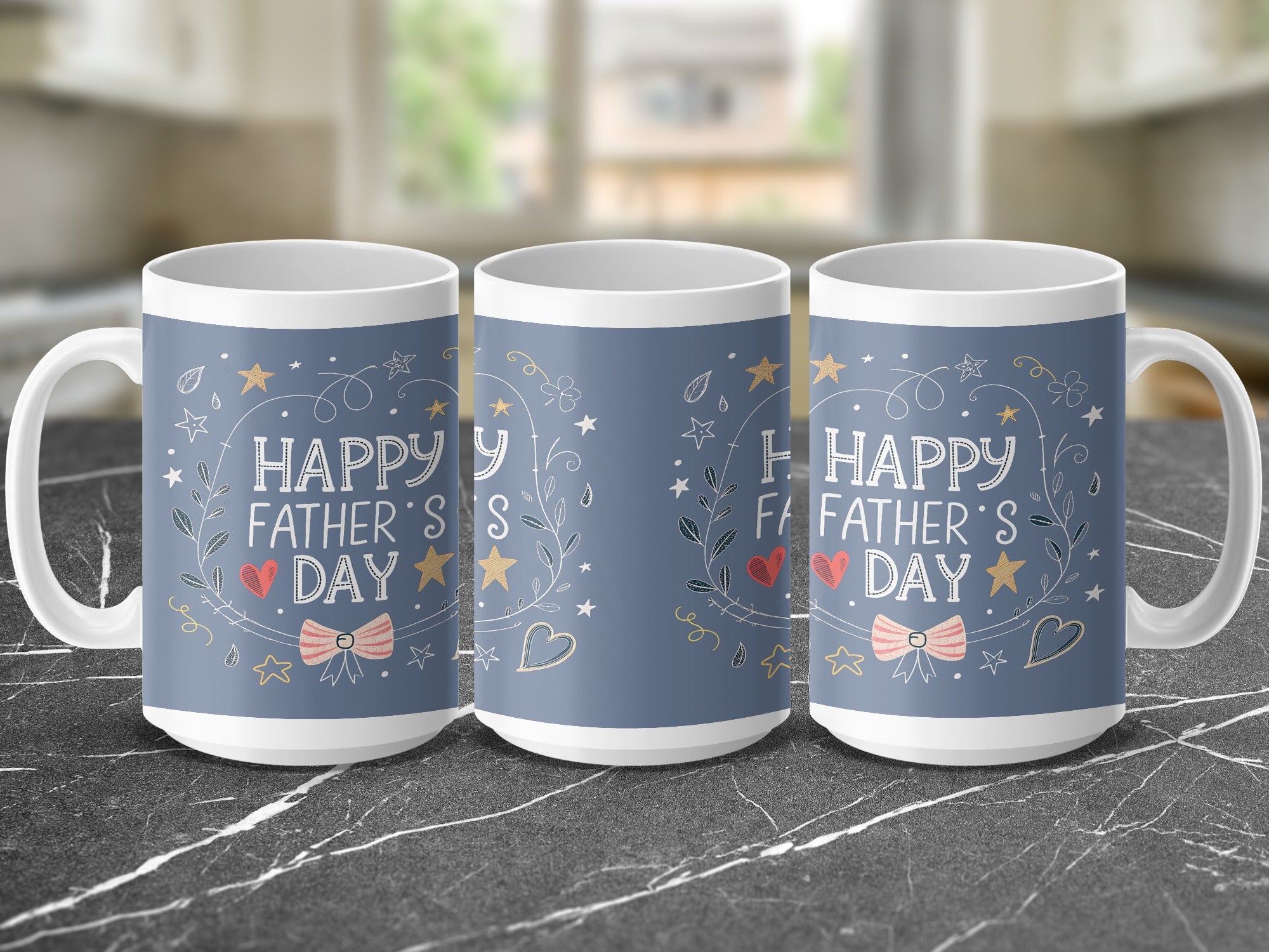 Three mugs with "Happy Father's Day" text and heart designs.