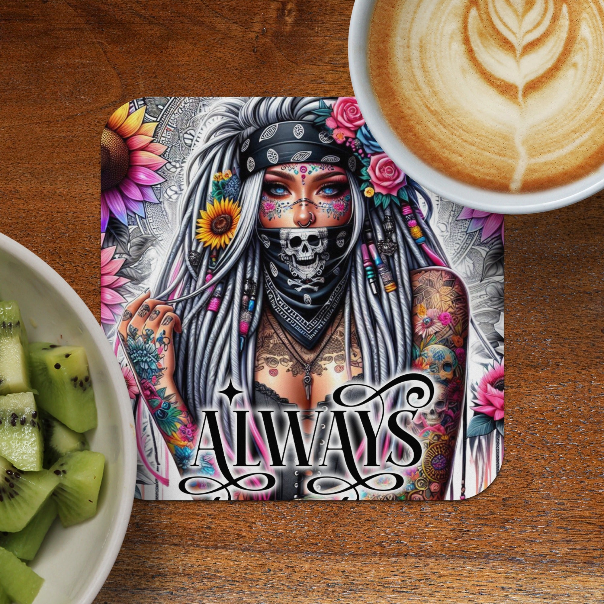 Woman with intricate tattoos and piercings, wearing a skull bandana, with text "ALWAYS".