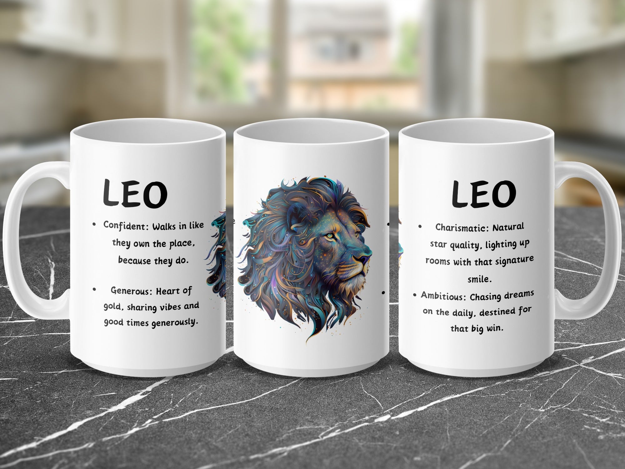 Mug with LEO zodiac sign, lion artwork, and personality traits.