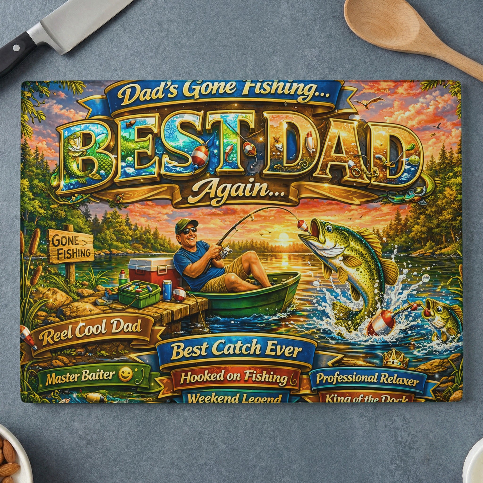 "Best Dad" fishing cutting board with Dad in a boat, fish jumping.